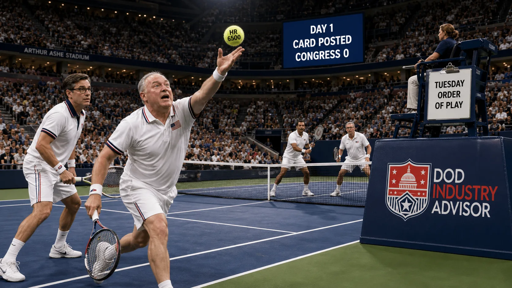 Doubles players in an Arthur Ashe Stadium rally with a tennis ball labeled HR 6500, a video board reading Day 1 card posted Congress 0, and a chair umpire clipboard reading Tuesday order of play