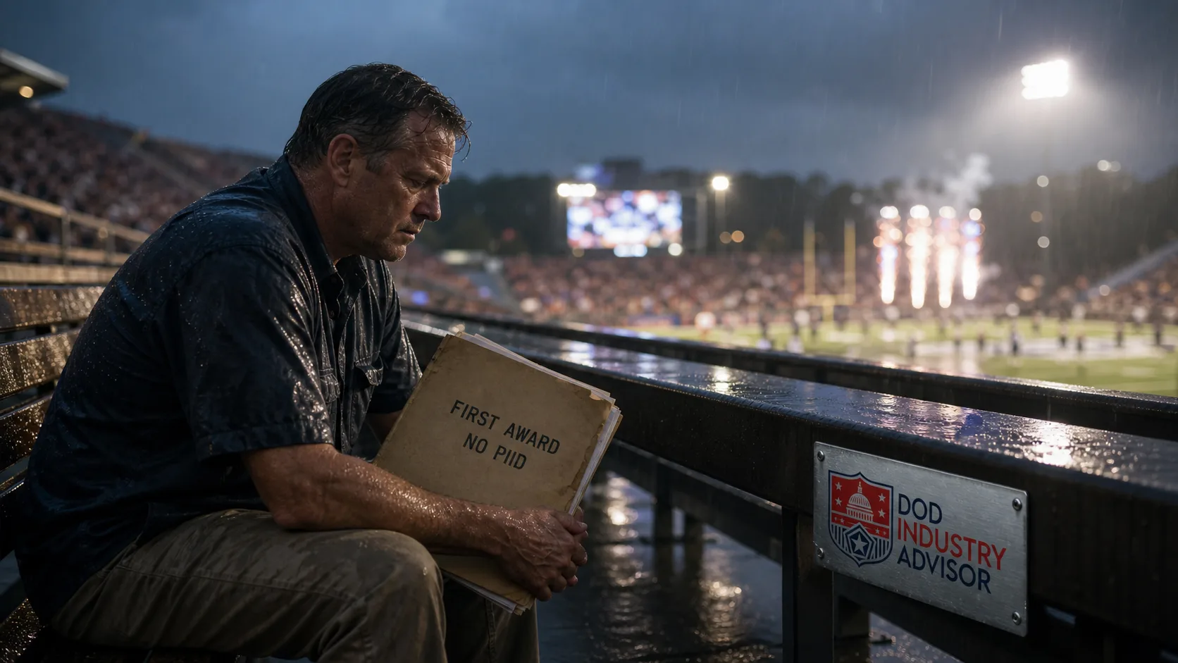 A contractor sitting alone in the rain in stadium bleachers holding a worn folder labeled First Award No PIID while the game goes on behind him