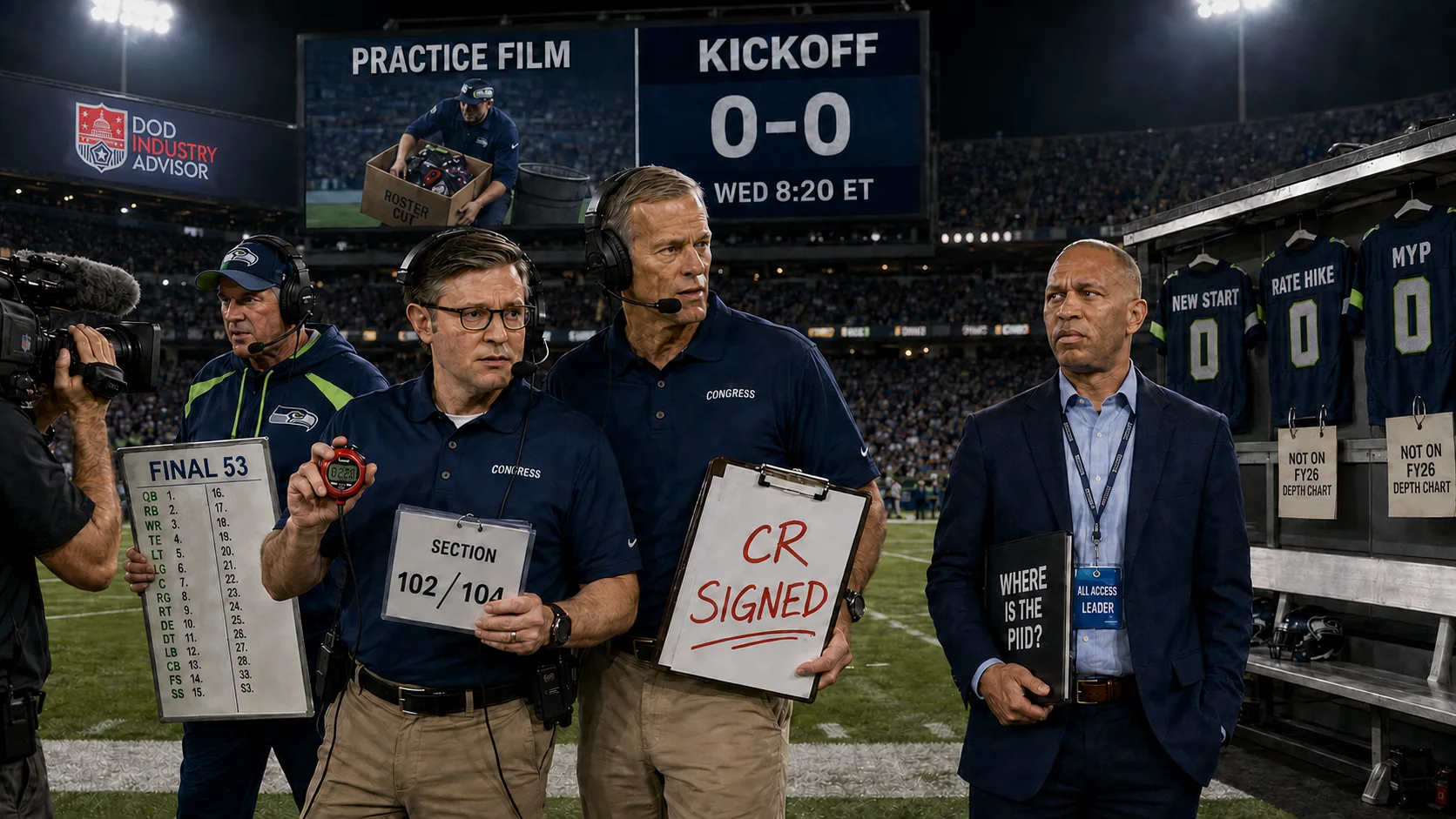 Sideline scene with a PRACTICE FILM / KICKOFF 0-0 scoreboard reading Wed 8:20 ET, congressional leaders in headsets holding a FINAL 53 depth chart, a SECTION 102/104 card and a CR SIGNED clipboard, beside jerseys labelled NEW START, RATE HIKE and MYP tagged NOT ON FY26 DEPTH CHART