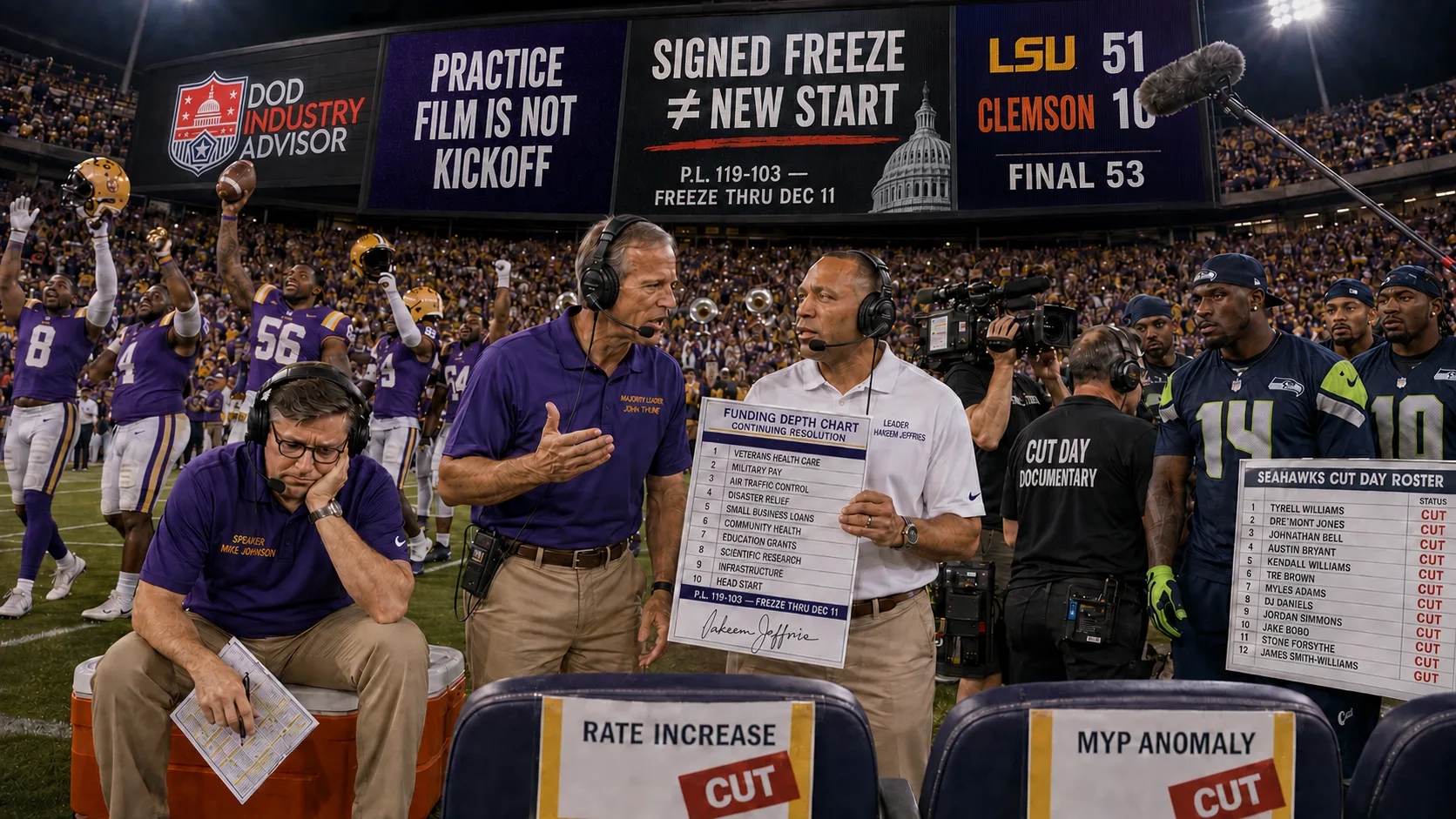LSU sideline under a jumbotron reading PRACTICE FILM IS NOT KICKOFF and SIGNED FREEZE ≠ NEW START, P.L. 119-103 freeze through Dec 11, LSU 51 Clemson 10 and FINAL 53, with congressional leaders in headsets holding a continuing-resolution funding depth chart beside a Seahawks cut-day roster and stadium seats marked RATE INCREASE and MYP ANOMALY stamped CUT