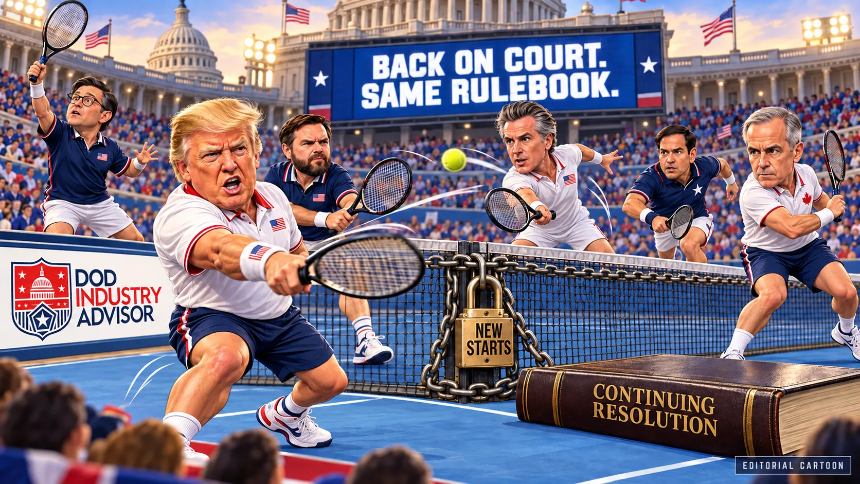 Editorial cartoon: six political caricatures play tennis on a court whose net is chained shut with a padlock labeled NEW STARTS, beside an oversized law book reading CONTINUING RESOLUTION, under a jumbotron reading BACK ON COURT. SAME RULEBOOK., with DoD Industry Advisor courtside branding