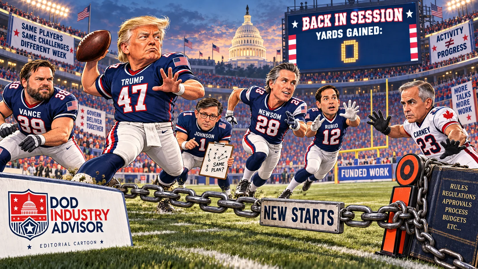 Editorial cartoon: the same six political caricatures play American football behind a heavy chain strung across the line marked NEW STARTS, with a stadium scoreboard reading BACK IN SESSION, YARDS GAINED: 0, a FUNDED WORK sign and DoD Industry Advisor signage