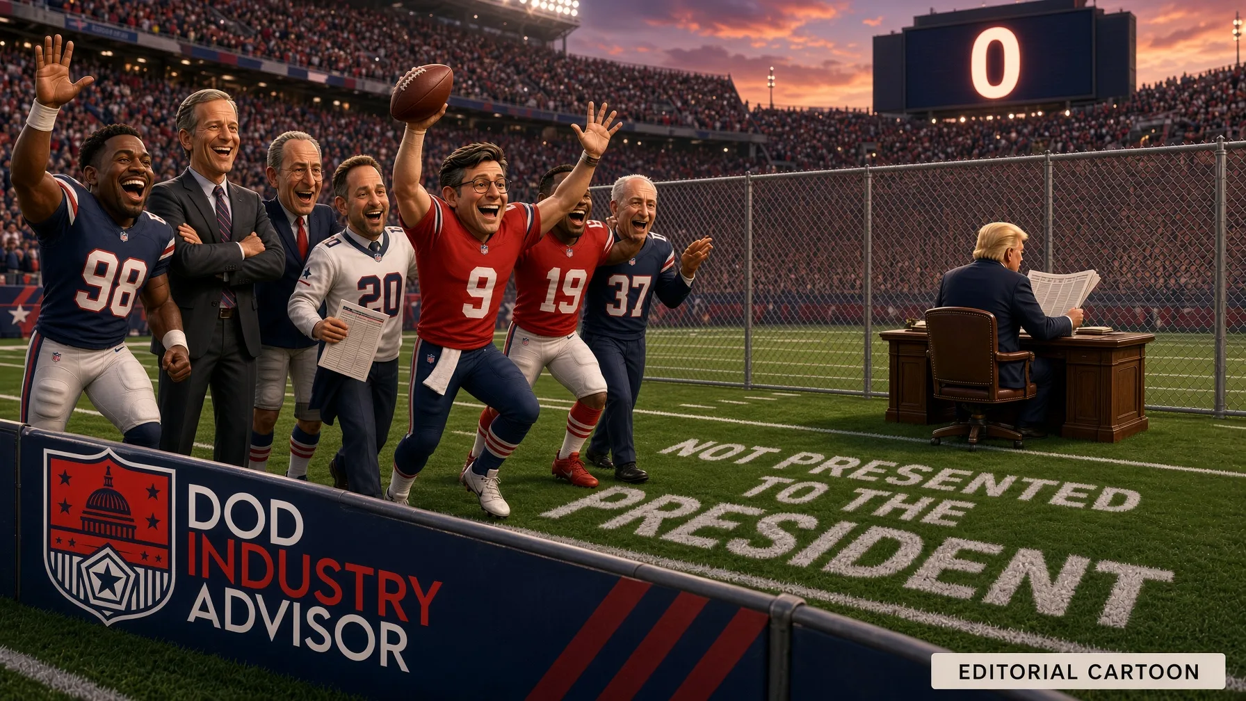 Editorial cartoon: politicians celebrate a score in an end zone painted NOT PRESENTED TO THE PRESIDENT while the stadium scoreboard behind them reads 0, and beyond a chain-link fence the President sits at a desk with an empty in-tray, reading a newspaper