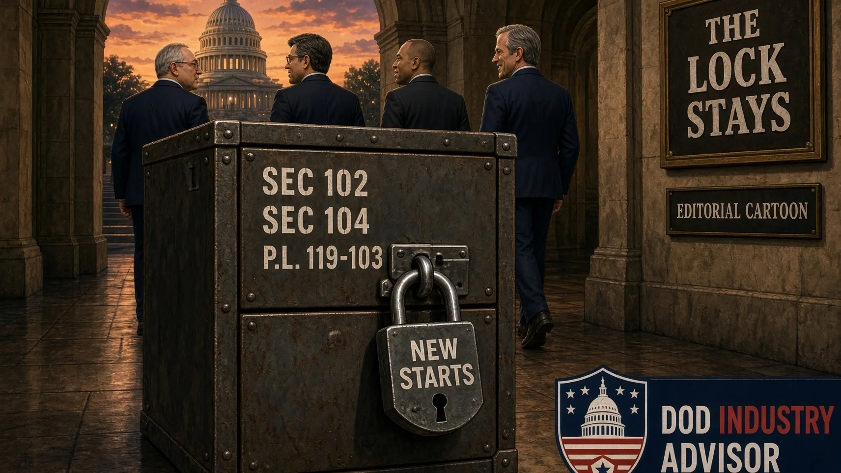 Editorial cartoon: a riveted steel cabinet stencilled SEC 102, SEC 104 and P.L. 119-103 stands in a Capitol cloakroom with a heavy padlock stamped NEW STARTS clamped shut on its hasp, while four members in suits walk away empty-handed toward the lit Capitol dome at dusk; a wall plate reads THE LOCK STAYS