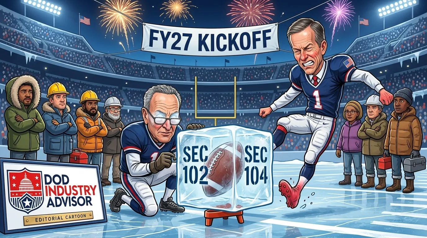 Editorial cartoon: at an FY27 kickoff on an icy field, a caricature of Senator John Thune kicks a football frozen inside an ice block stenciled SEC 102 and SEC 104 while a caricature of Senator Chuck Schumer holds it; the block does not move, and small-business owners in parkas and hard hats watch from the sideline