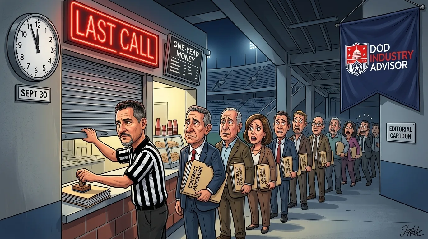 Editorial cartoon: a referee pulls down the shutter of a stadium concession stand under a LAST CALL sign and a ONE-YEAR MONEY menu board, the clock at 11:59 beside a SEPT 30 plate, while a long line of small-business owners holding contract paperwork waits