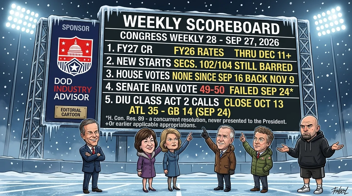 A frosted stadium scoreboard headed Weekly Scoreboard, Congress Weekly 28, Sep 27, 2026: FY27 CR at FY26 rates through Dec 11 or earlier applicable appropriations; new starts under Secs. 102 and 104 still barred; House votes none since Sep 16, back Nov 9; Senate Iran vote 49-50, failed Sep 24, on H. Con. Res. 89, a concurrent resolution never presented to the President; DIU CLASS ACT, two calls closing Oct 13; Atlanta 35, Green Bay 14 on Sep 24. Caricatures of Senators Thune, Collins, Murkowski, Tillis, Paul and Fetterman look up at it beside a DoD Industry Advisor sponsor panel