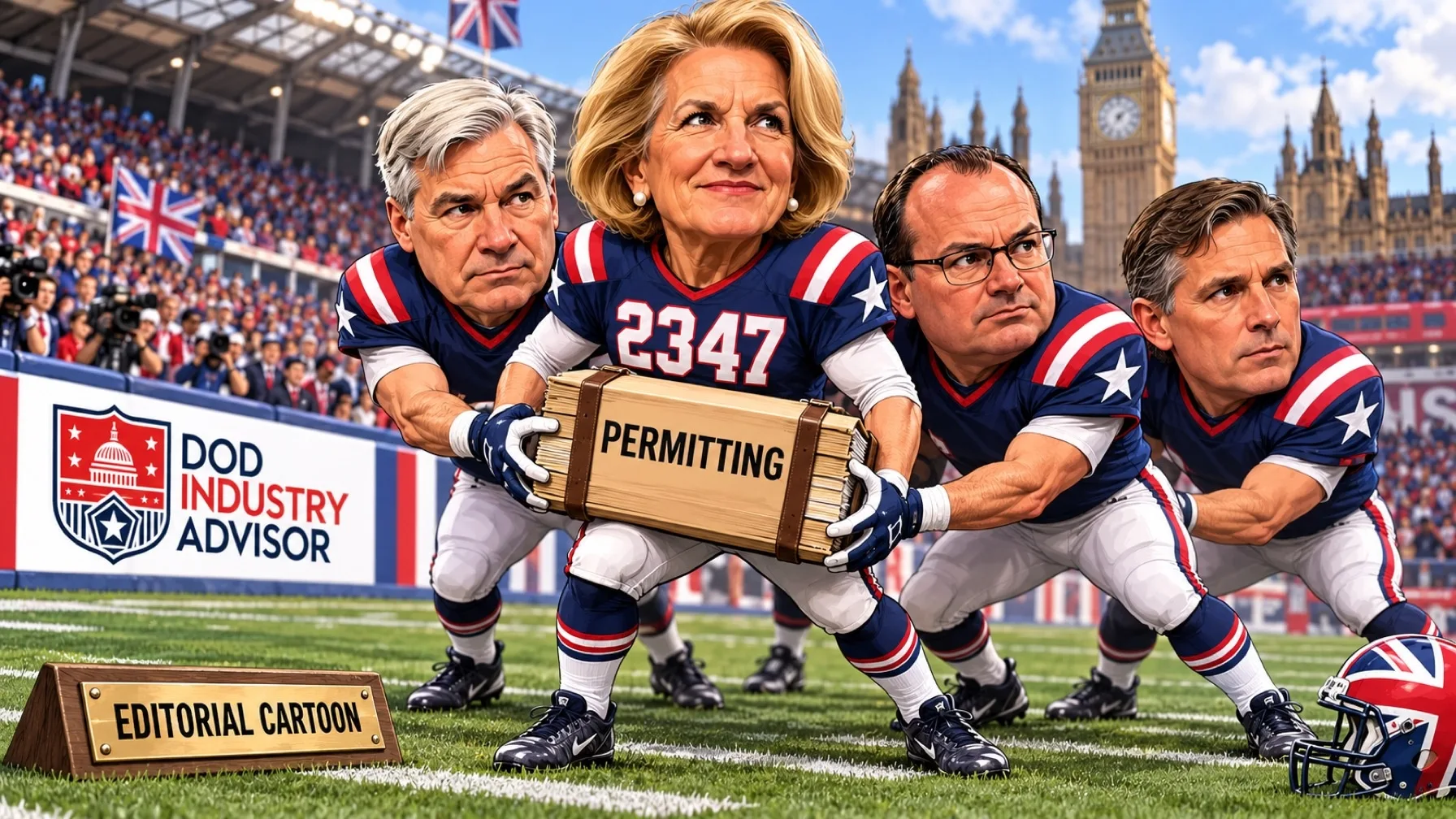 Editorial cartoon of Shelley Moore Capito, Sheldon Whitehouse, Mike Lee and Martin Heinrich carrying a permitting package together; Capito wears jersey 2347, with the DoD Industry Advisor logo.