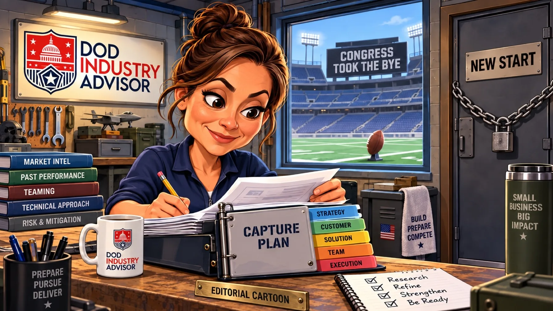 Editorial cartoon of a small-business owner working on a capture plan beside a football on a tee and a chained New Start door, with the DoD Industry Advisor logo.