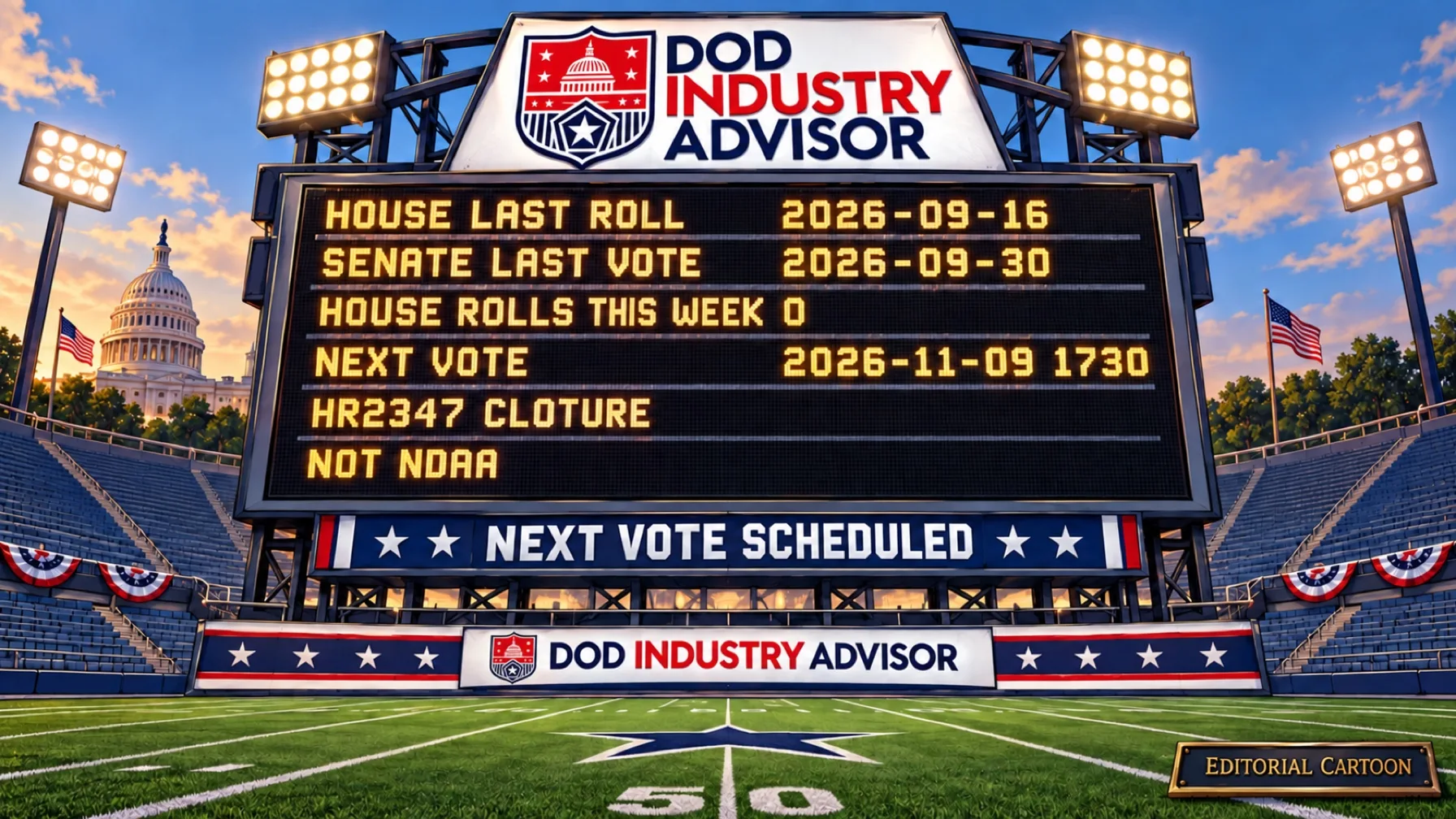 Editorial cartoon stadium scoreboard: House last roll September 16, Senate last vote September 30, House rolls this week zero; next vote scheduled November 9 at 17:30, H.R. 2347 cloture, not NDAA.
