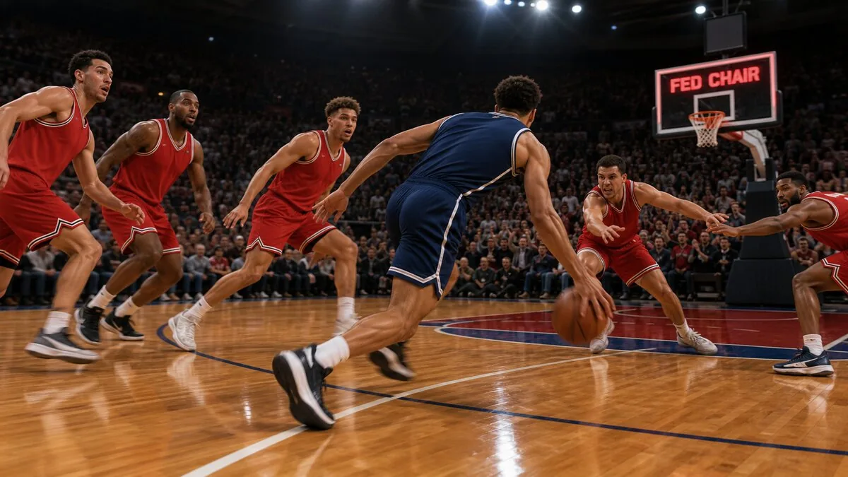 A satirical NBA scene: one dark-jersey ball-handler drives the lane against five red-jersey defenders, with FED CHAIR illuminated on the jumbotron — visual metaphor for the first fully partisan Senate Banking Committee vote on a Fed Chair nominee (13–11) in committee history, with Kevin Warsh facing every Democrat on the panel.