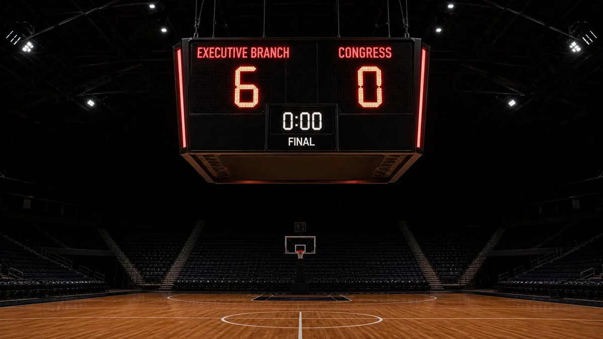 A satirical empty-arena basketball scoreboard reading EXECUTIVE BRANCH 6, CONGRESS 0, 0:00 FINAL — visual metaphor for the executive branch's 6-0 record against Congress on Iran War Powers resolutions since February 28, 2026.
