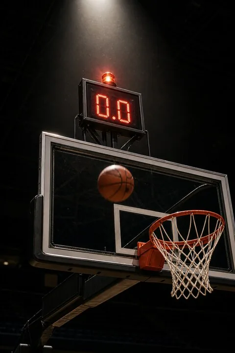 A basketball shot clock above the rim reading 0.0 with a basketball mid-flight heading into the hoop and a buzzer light glowing red — visual metaphor for the 60-day War Powers Resolution clock from Trump's March 2 Iran notification that expired May 1, 2026 without a written presidential certification under 50 U.S.C. § 1544(b).