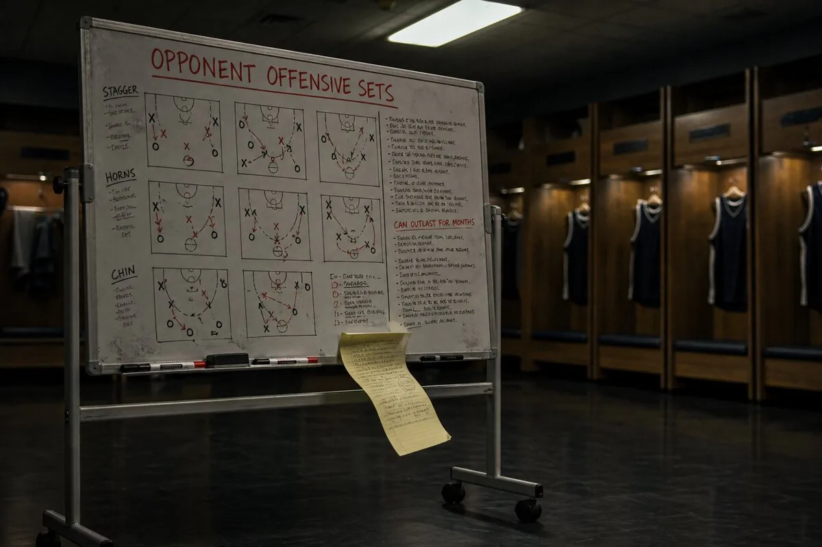 A locker-room coach's whiteboard titled OPPONENT OFFENSIVE SETS, showing six diagrammed plays with X's, O's, arrows, and labels like STARTER and BUDDIES, with a hand-written yellow legal-pad sticky note taped to the front; basketball jerseys hanging on hooks visible in the background.