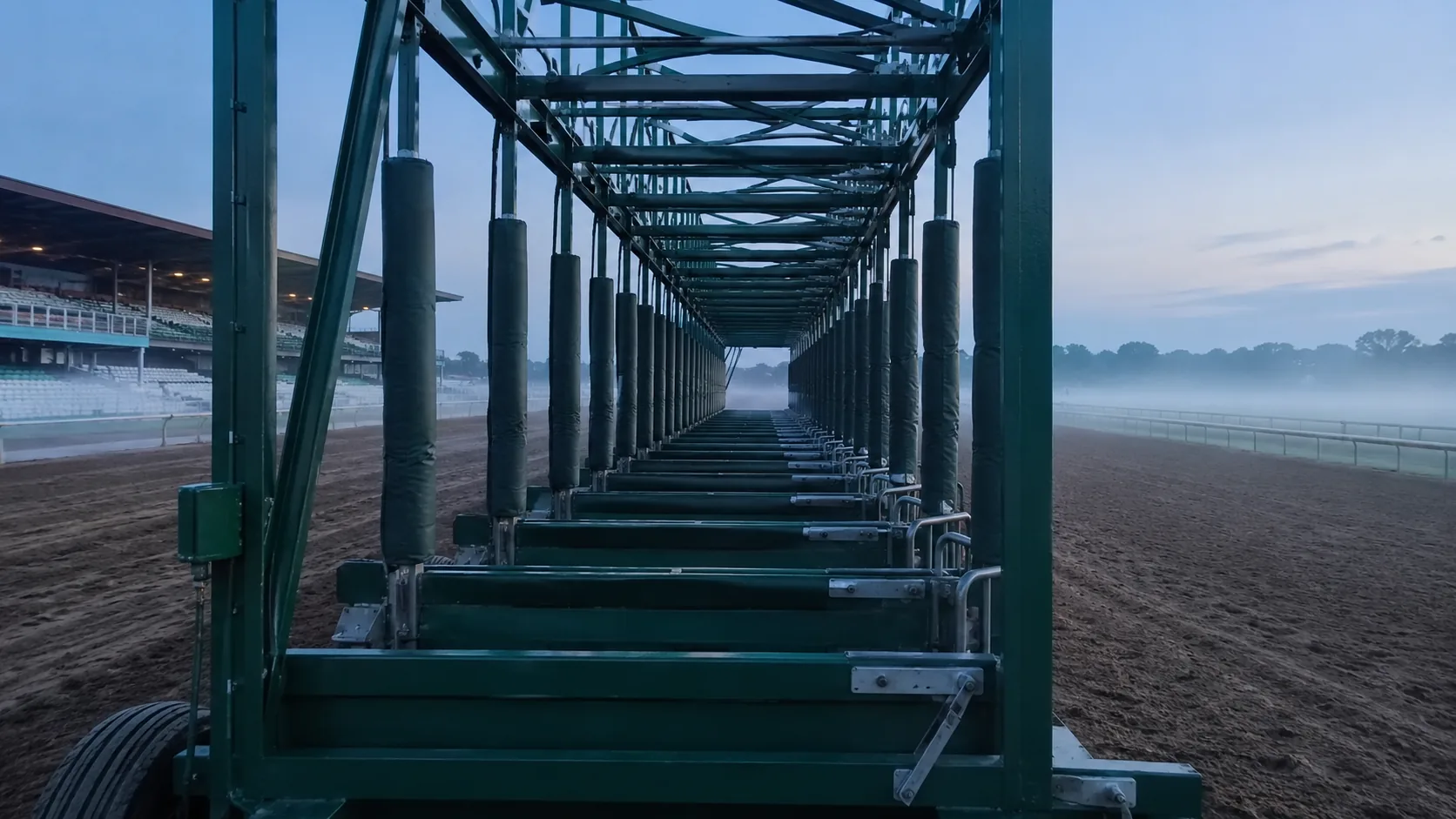 A 14-stall thoroughbred starting gate on a dirt track at dawn, gate numbers visible, an empty grandstand behind it — visual metaphor for the week's congressional card and the Preakness moving to Laurel Park.