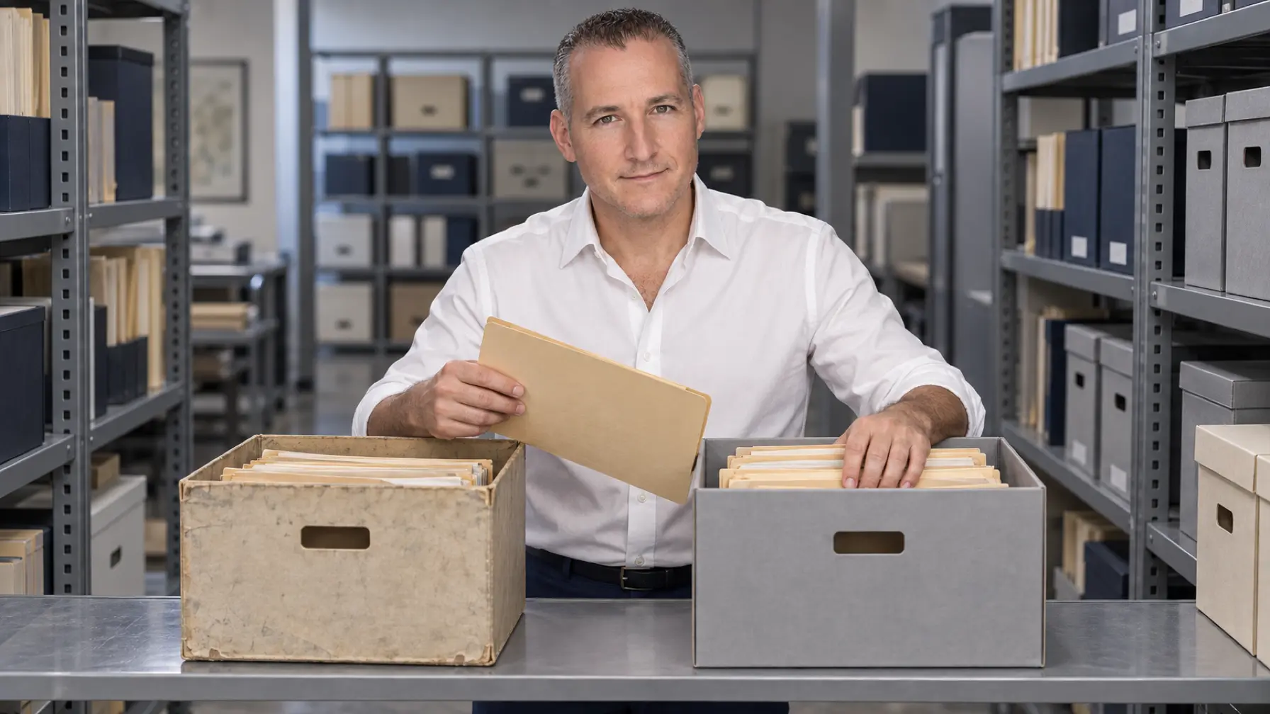 Files being moved from a worn archive box into a new one