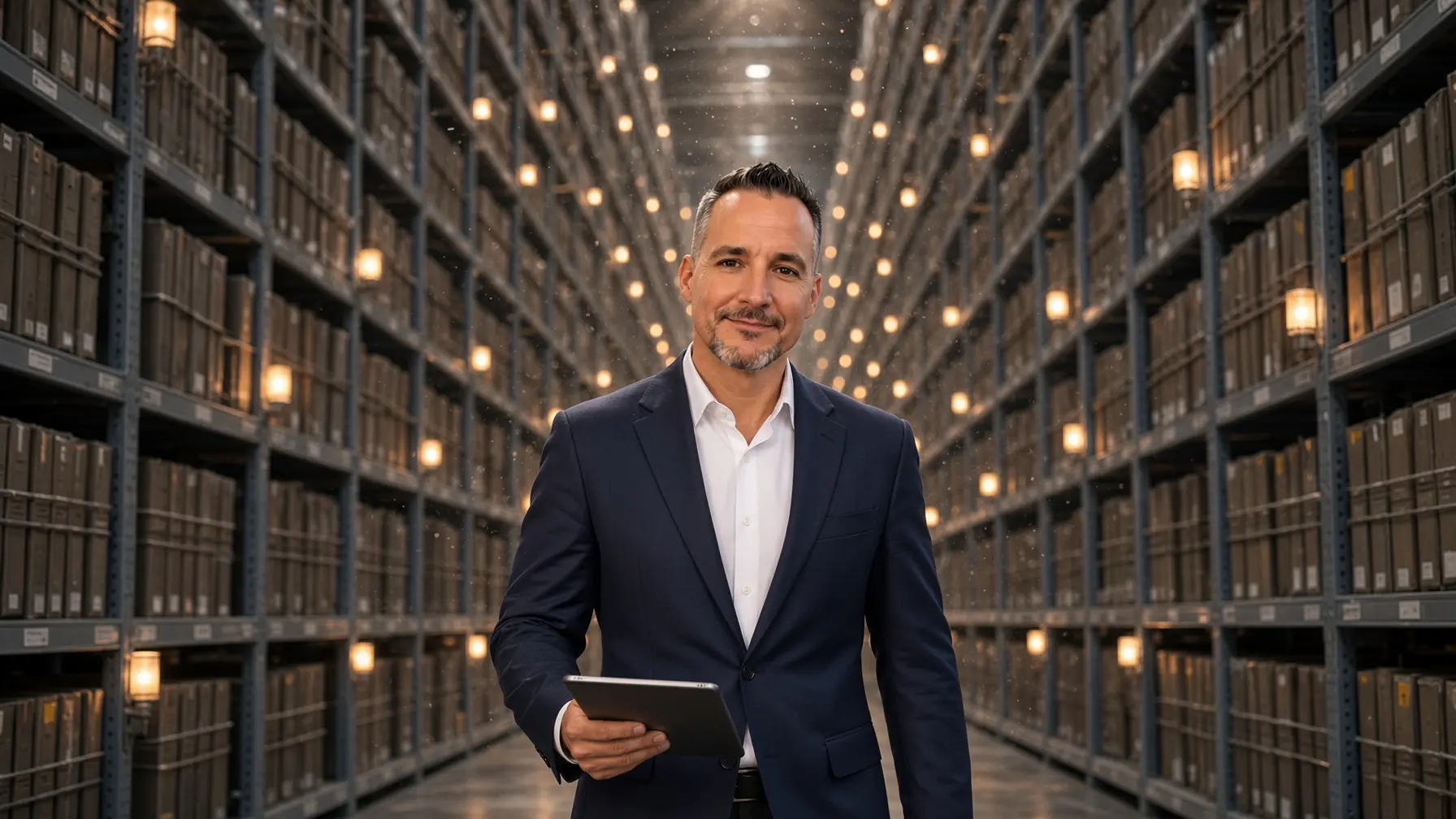 Michael Komorous in the aisle of a vast document warehouse