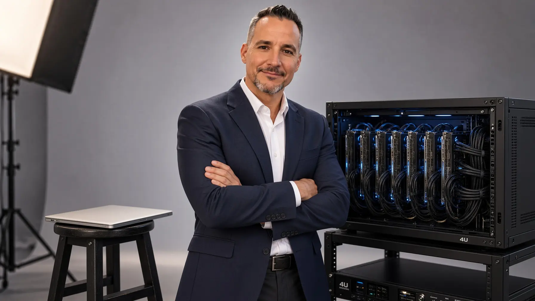 Michael Komorous standing between a closed laptop and an eight-card server rack