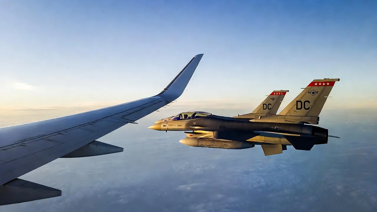 Two D.C. Air National Guard F-16s off an airliner's wing
