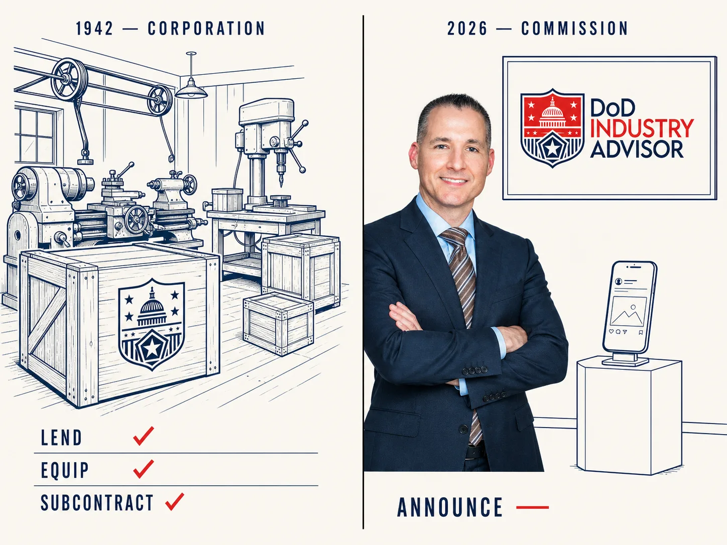 Split illustration: a 1942 machine shop with LEND, EQUIP, and SUBCONTRACT checked off, versus 2026 with Mike Komorous standing beside a pedestal holding a phone and ANNOUNCE left unchecked