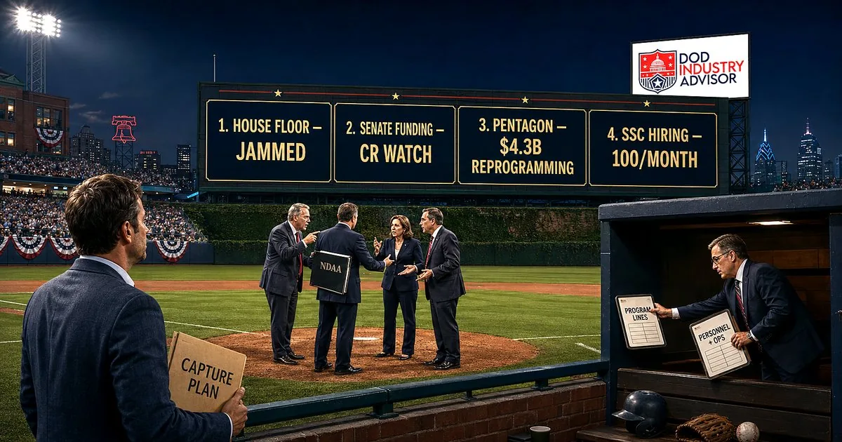 Congress Weekly Issue 16 cover showing a baseball scoreboard with House floor jam, Senate CR watch, Pentagon $4.3B reprogramming, and SSC 100/month hiring signals