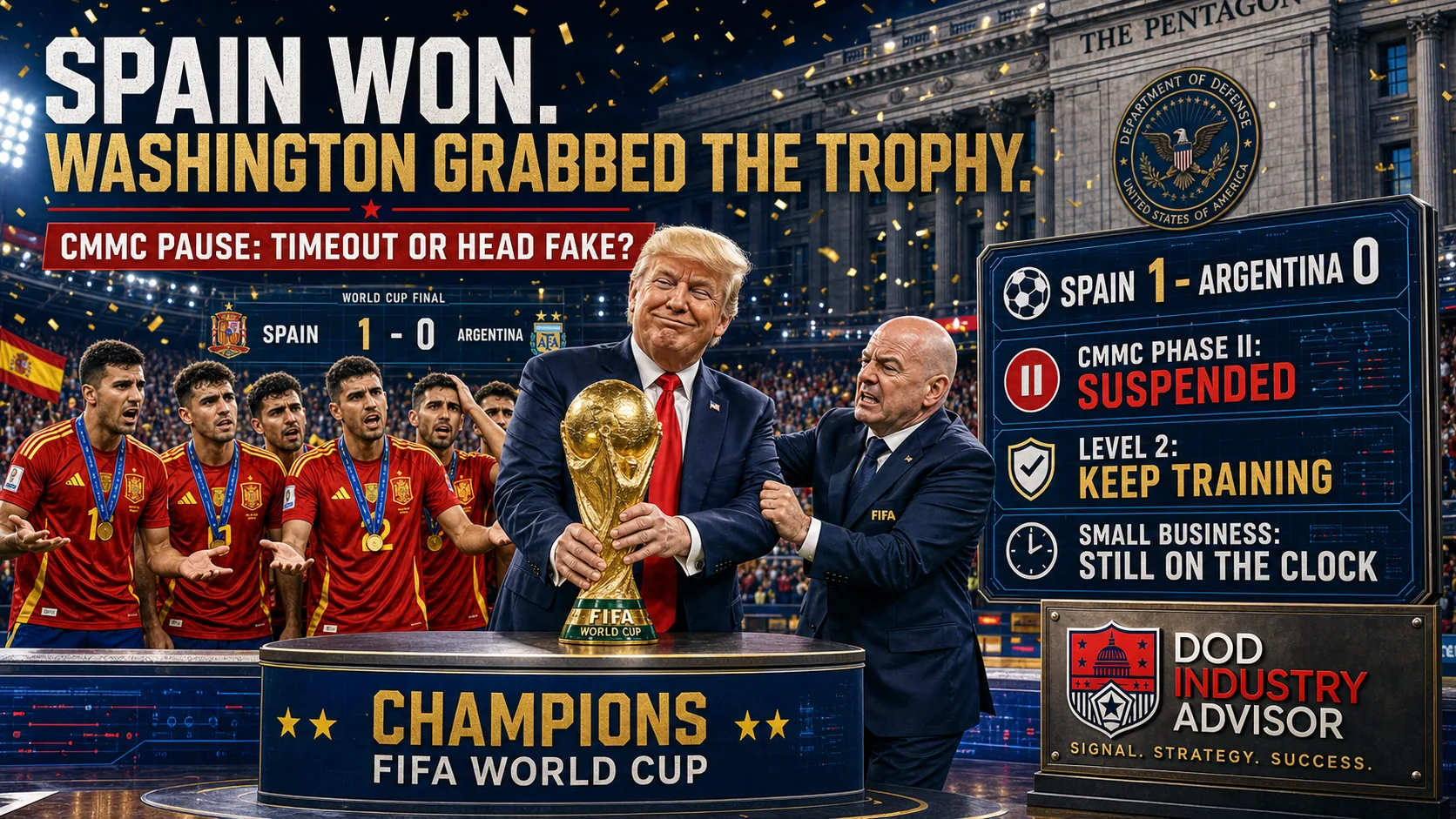 Satirical illustration: Spain's squad in red kit look on with medals as a figure resembling the U.S. president hoists the FIFA World Cup trophy and a FIFA official grabs his arm outside the Pentagon. Panel reads Spain 1-0 Argentina, CMMC Phase II suspended, Level 2 keep training, small business still on the clock.