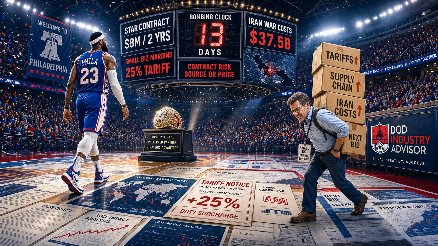 A player in a Philadelphia number 23 jersey walks past a championship ring on a plinth while a small defense supplier hauls boxes labelled Tariffs, Supply Chain and Iran Costs. Arena boards read star contract $8M/2 years, bombing clock 13 days, Iran war costs $37.5B, small business margins 25% tariff, contract risk source or price.