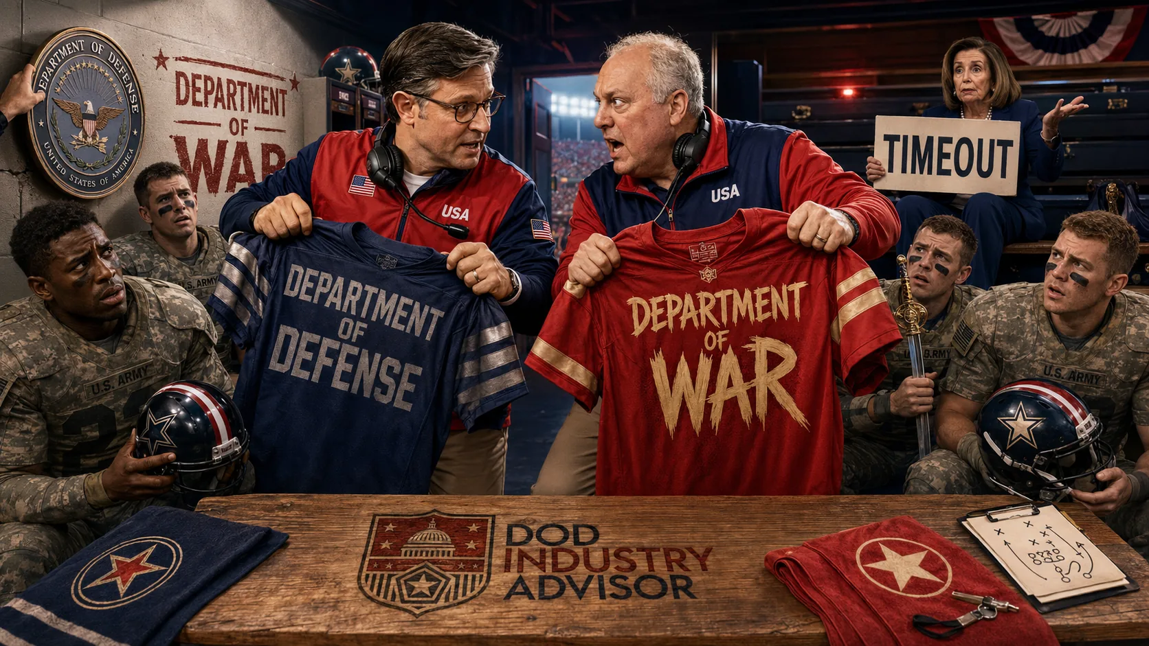 Congress Weekly 2026-08-09 — cover image: Renaming the War Room Before the Kickoff. Satirical editorial cartoon, DoD Industry Advisor.