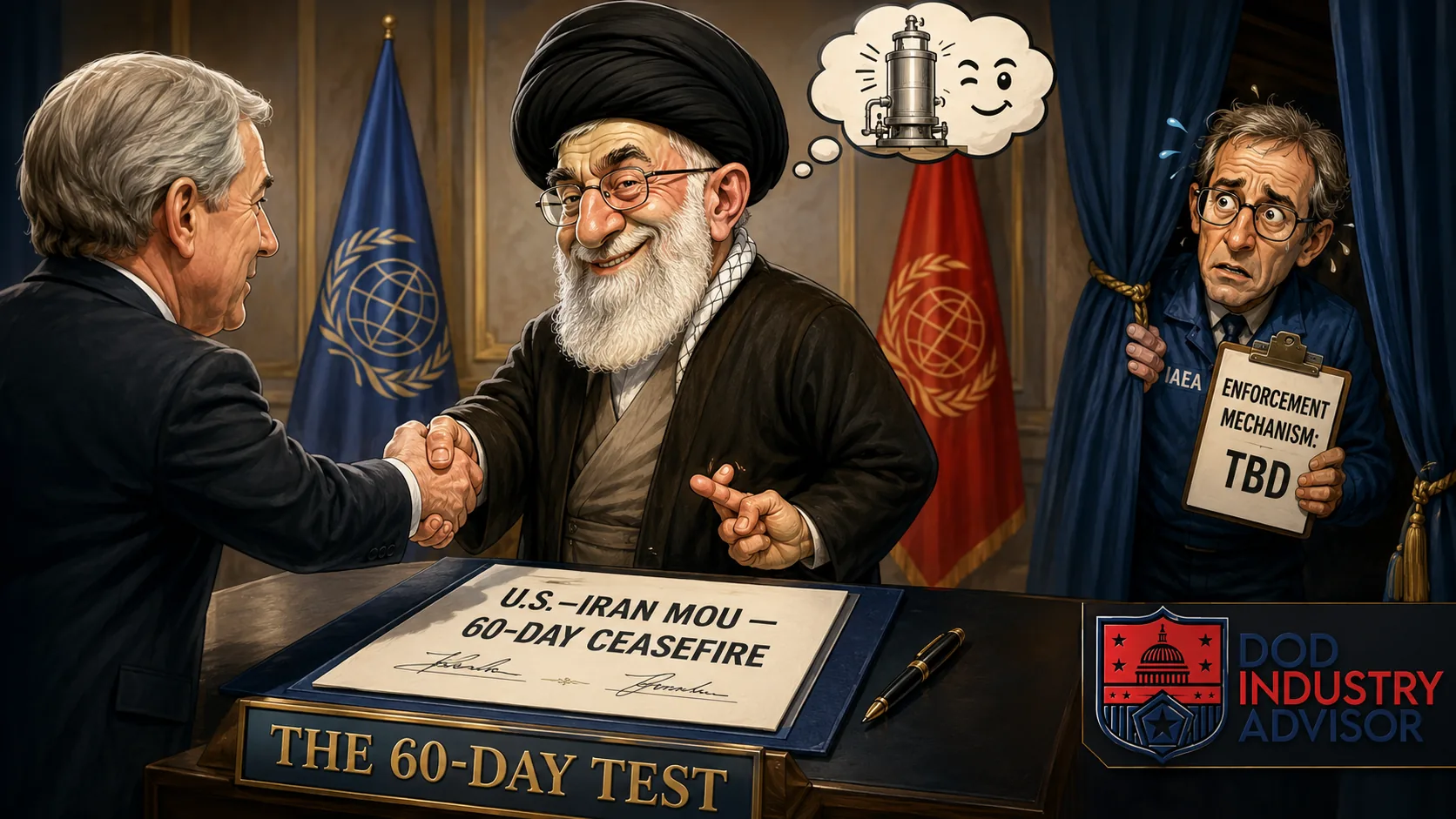 Congress Weekly Issue #12 — a caricatured signing of the U.S.–Iran 60-day ceasefire MOU with crossed fingers behind the back and an IAEA inspector holding an 'enforcement mechanism: TBD' sign
