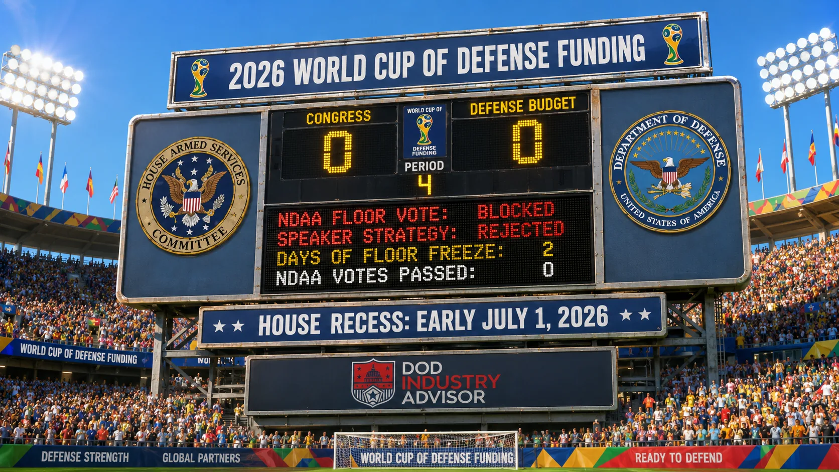 Congress Weekly 2026-07-06 — scoreboard image: Overtime in the House, USA Stays on Pitch. Satirical editorial cartoon, DoD Industry Advisor.