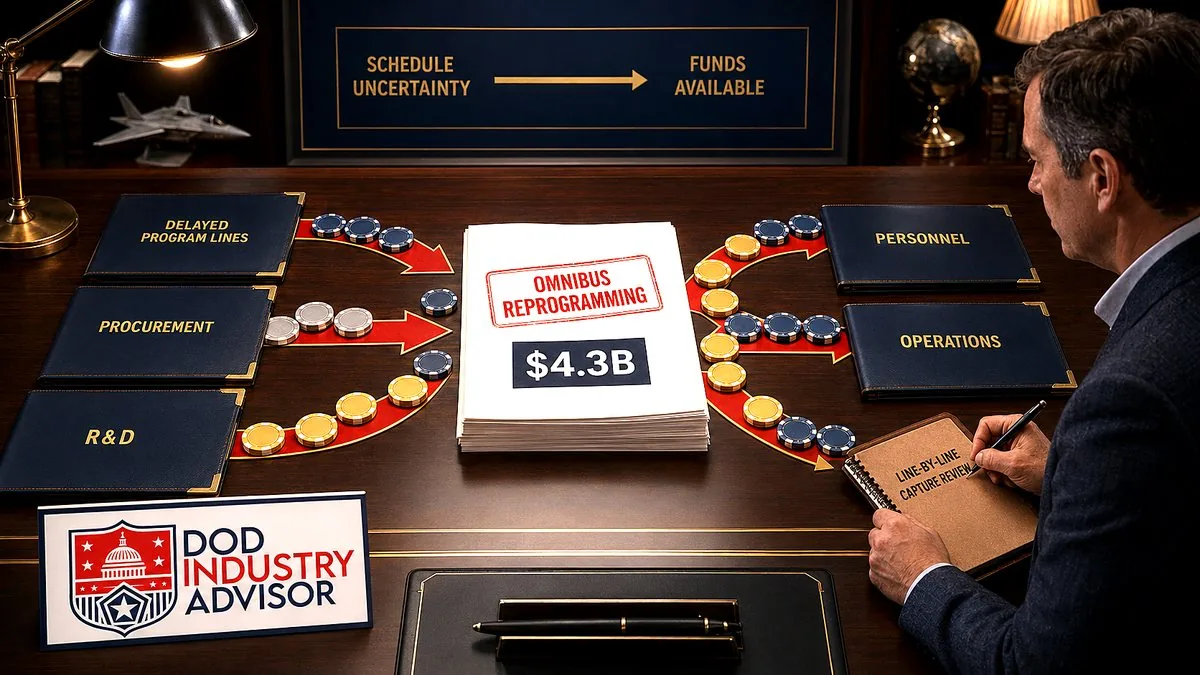 Pentagon reprogramming desk showing a $4.3B omnibus request moving money from delayed program lines, procurement, and R&D toward personnel and operations