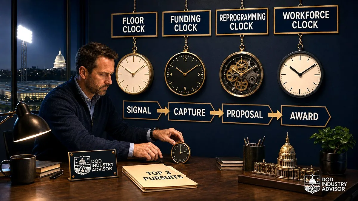 Defense business owner managing floor, funding, reprogramming, and workforce clocks across a signal to award capture pipeline