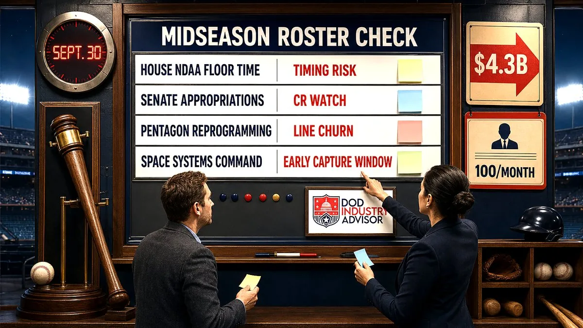 Midseason roster check board showing House NDAA timing risk, Senate appropriations CR watch, Pentagon reprogramming line churn, and Space Systems Command early capture window
