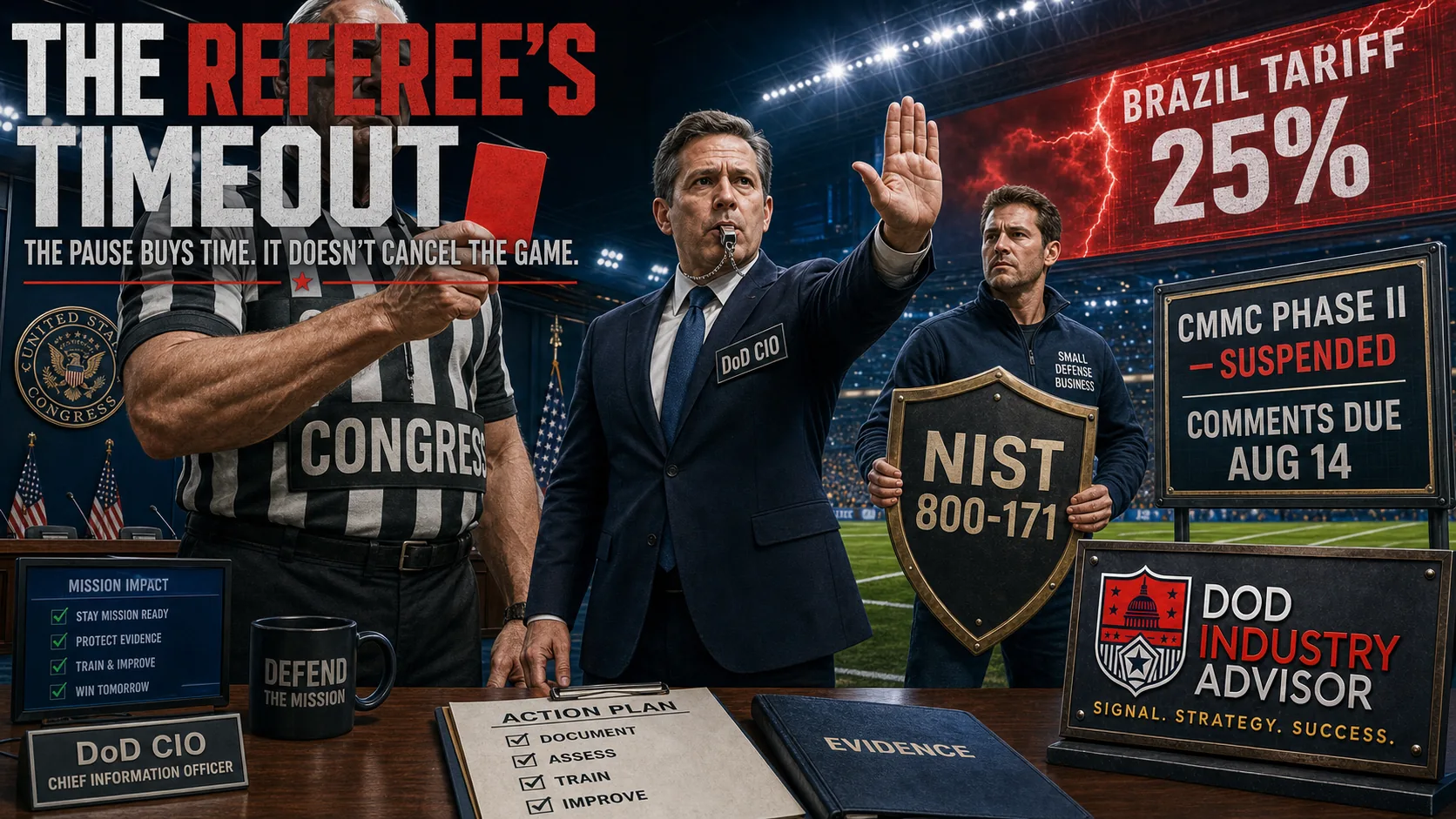 The Referee's Timeout — a referee in a jersey labelled Congress raises a red card while a figure badged DoD CIO blows a whistle and signals stop, and a small defense business shelters behind a shield reading NIST 800-171. Panels read Brazil Tariff 25%, CMMC Phase II suspended, comments due Aug 14, and an action plan to document, assess, train and improve.