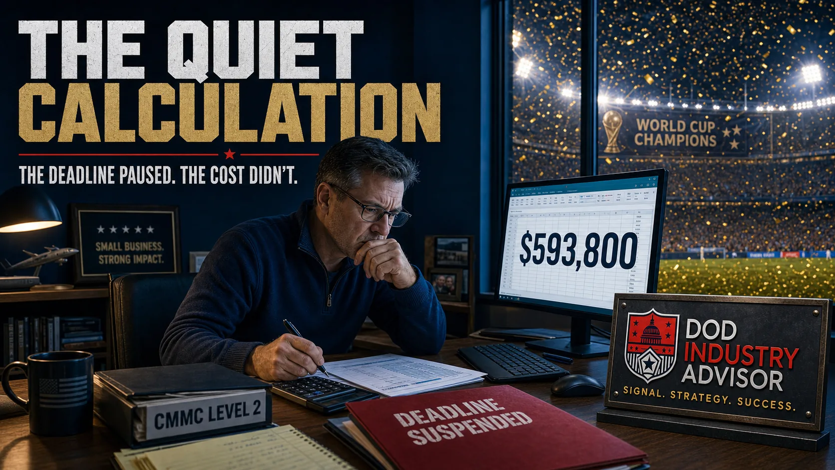 A small-business owner works at a desk with $593,800 on the monitor, a CMMC Level 2 binder and a folder stamped Deadline Suspended, stadium celebration visible through the window