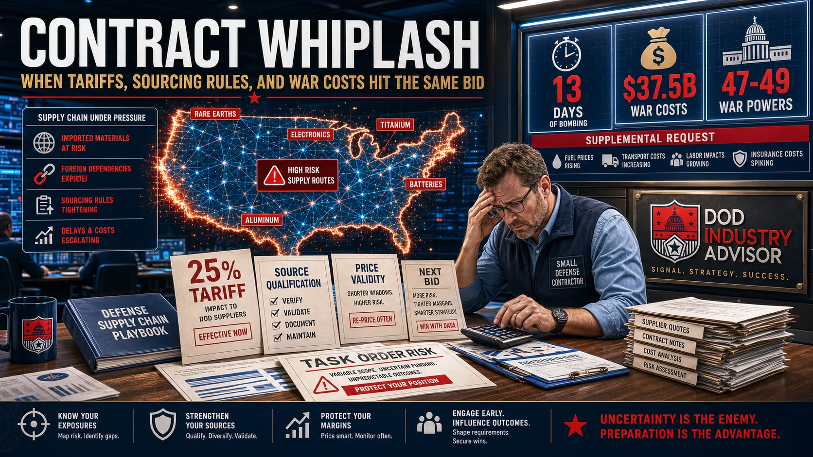 Contract Whiplash — a U.S. supply chain map flagging rare earths, electronics, titanium, aluminium, batteries and high-risk routes, beside counters for 13 days of bombing, $37.5B war costs and a 47-49 War Powers vote, with cards for 25% tariff, source qualification, price validity, next bid and task order risk