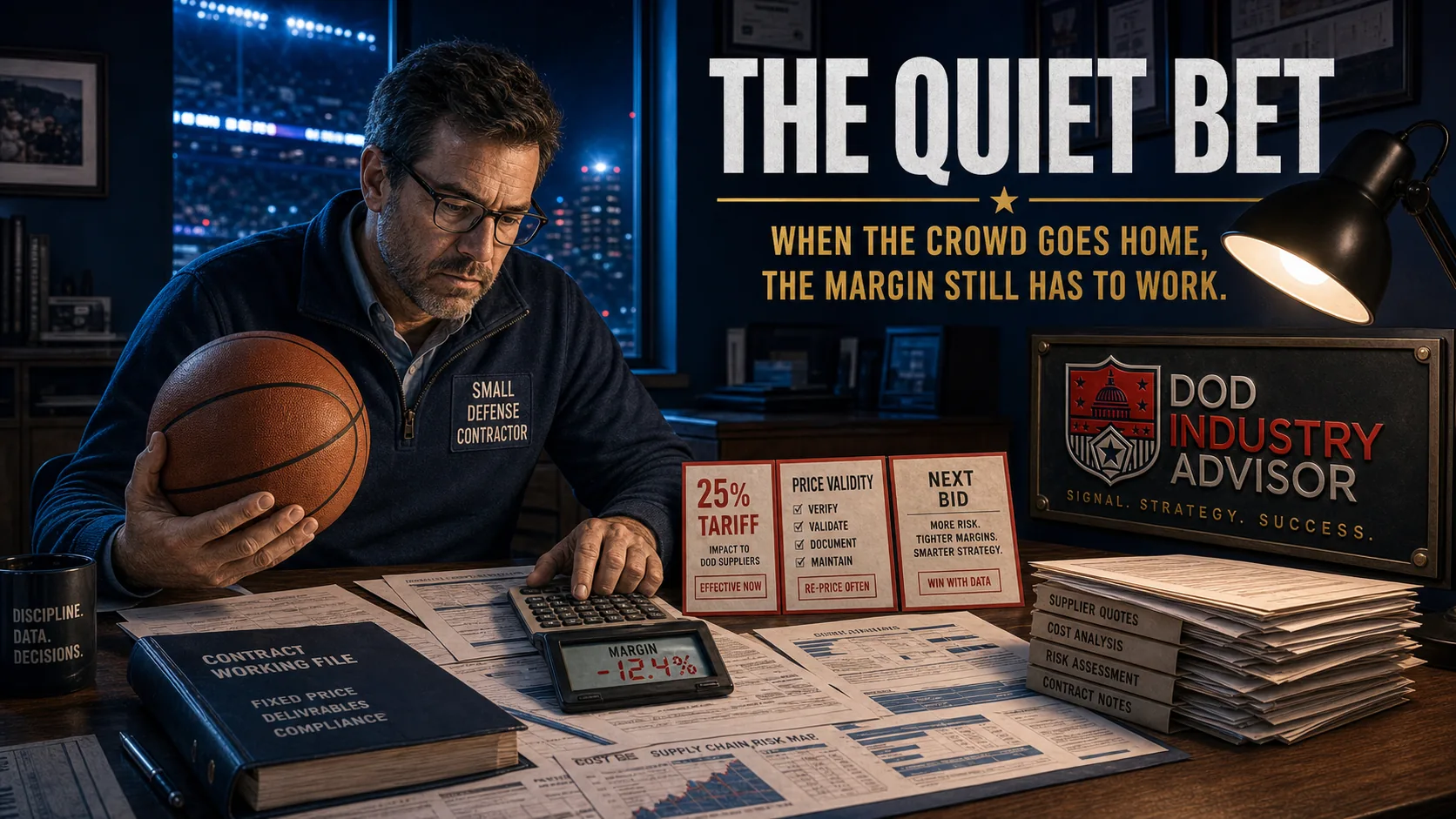 A small defense contractor holds a basketball at a desk, calculator showing margin minus 12.4 percent, beside cards for 25% tariff, price validity and next bid