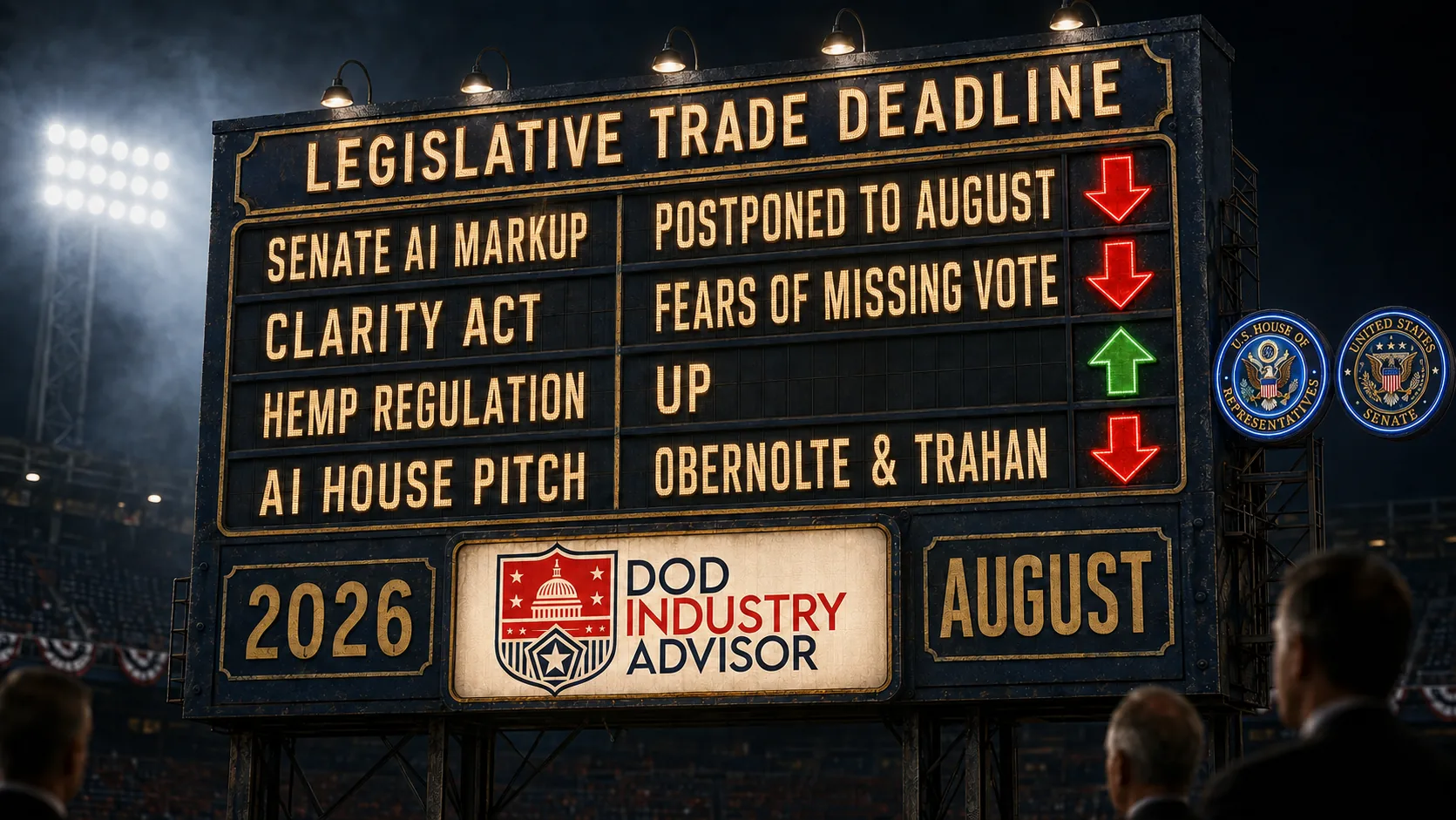 Congress Weekly 2026-08-02 — scoreboard image: Skubal Blockbuster: Congress Trades Bills for Recess. Satirical editorial cartoon, DoD Industry Advisor.