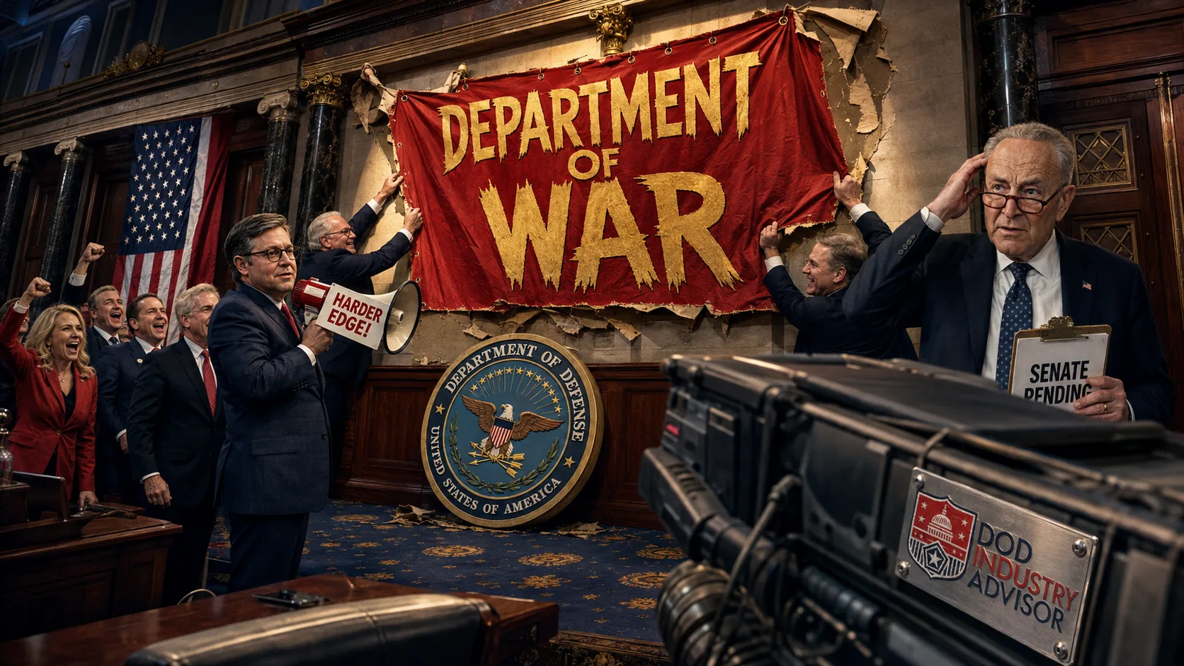 Congress Weekly 2026-08-09 — body image: Renaming the War Room Before the Kickoff. Satirical editorial cartoon, DoD Industry Advisor.