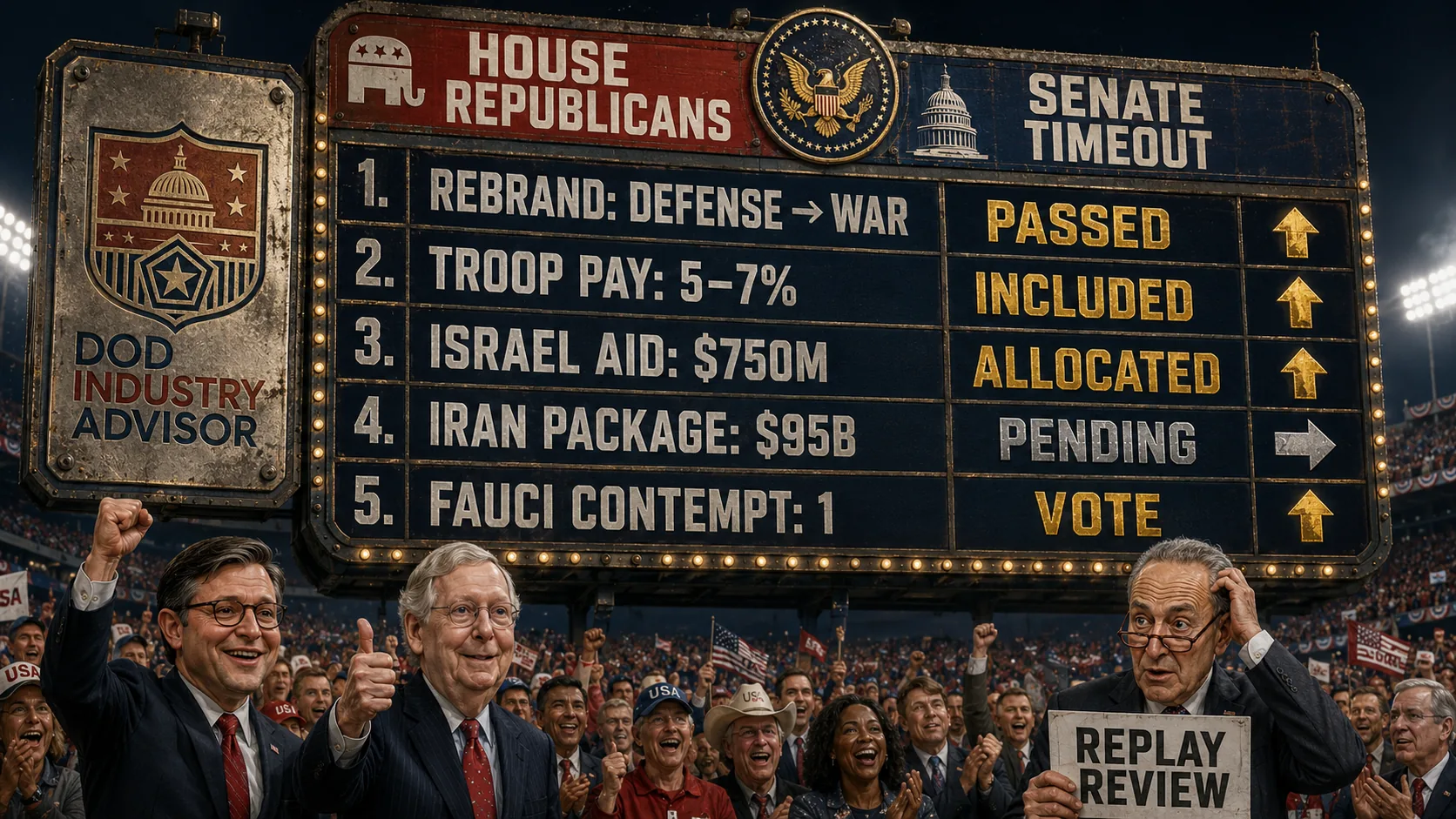 Congress Weekly 2026-08-09 — scoreboard image: Renaming the War Room Before the Kickoff. Satirical editorial cartoon, DoD Industry Advisor.
