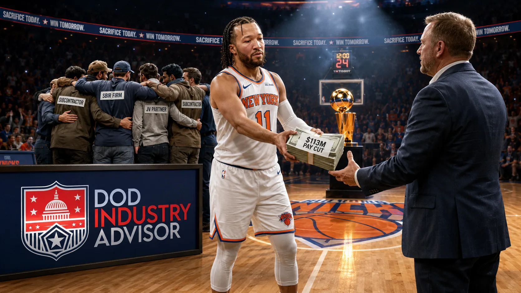 Jalen Brunson handing back a stack of money labeled pay cut at center court while small defense contractors form a teaming huddle around him