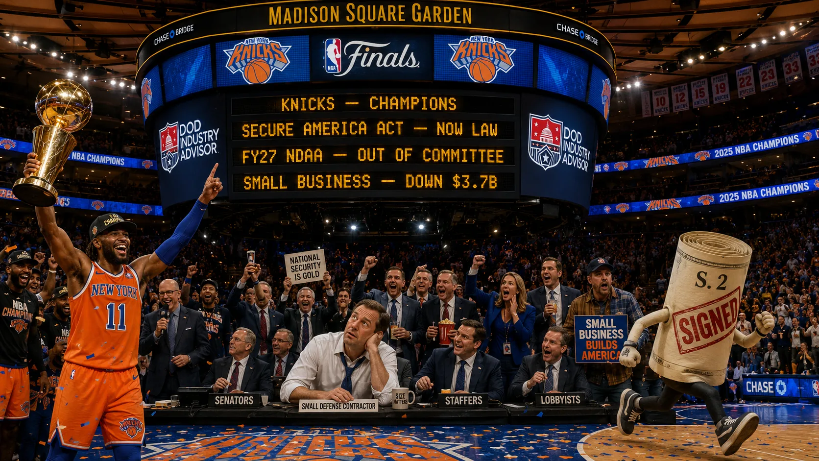 A Madison Square Garden-style scoreboard showing Knicks champions, Secure America Act now law, NDAA out of committee, and small-business contracting down $3.7 billion