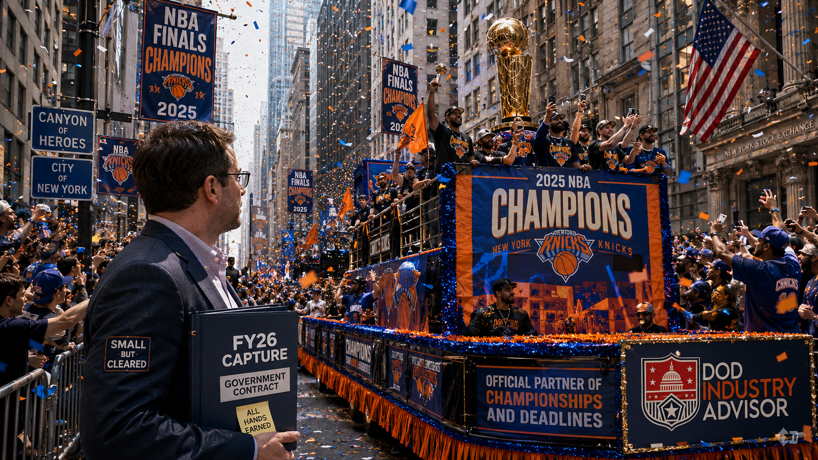 A ticker-tape championship parade up the Canyon of Heroes with a small defense contractor watching from the curb holding a contract folder