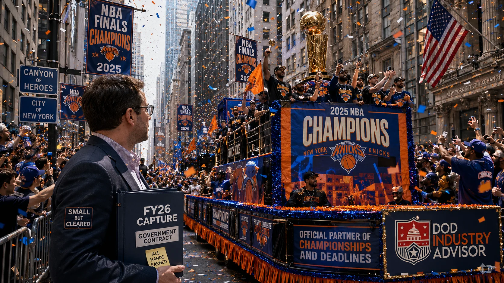 A ticker-tape championship parade up the Canyon of Heroes with a small defense contractor watching from the curb holding a contract folder
