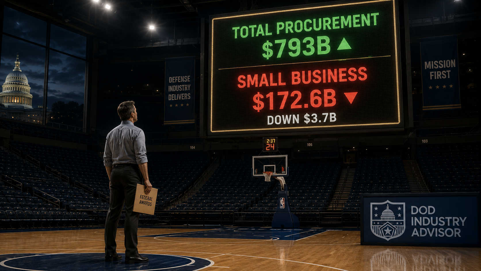 A small defense contractor staring up at an arena scoreboard showing federal procurement up to 793 billion but small business down to 172.6 billion