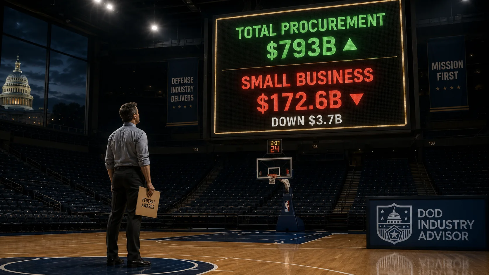 A small defense contractor staring up at an arena scoreboard showing federal procurement up to 793 billion but small business down to 172.6 billion
