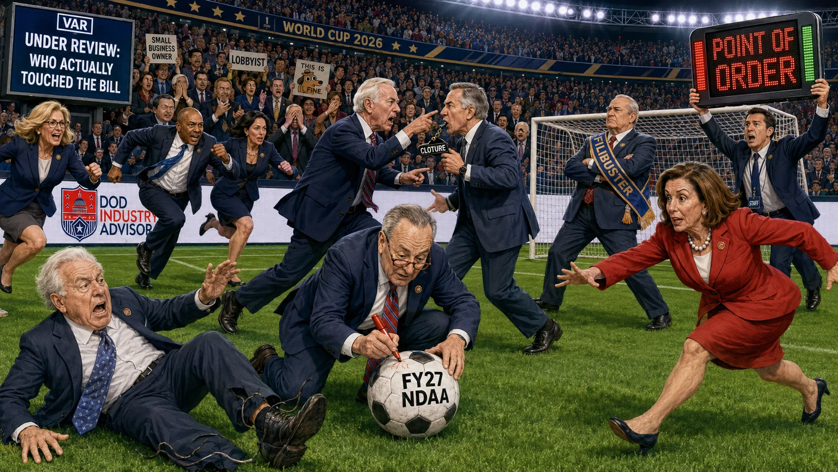 Members of Congress in suits, ties, and dresses playing a World Cup match, chasing a ball labeled FY27 NDAA while a VAR screen reads 'under review: who actually touched the bill'