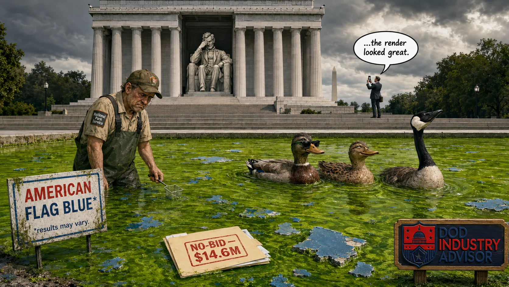 The Lincoln Memorial Reflecting Pool overtaken by bright green algae after a fresh blue repaint, a 'No-Bid $14.6M' sign at the water's edge, smug ducks, and the Lincoln statue pinching the bridge of his nose