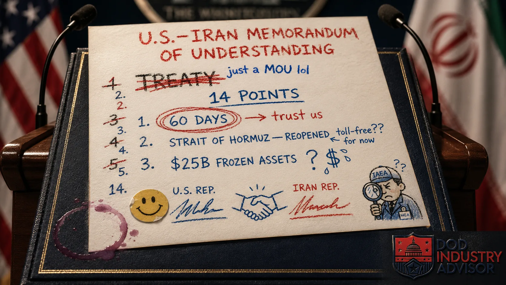 The U.S.–Iran Memorandum of Understanding rendered as a child's crayon drawing, with 'TREATY' crossed out and 'just a MOU' written above, '60 days — trust us,' and a baffled IAEA inspector in the margin