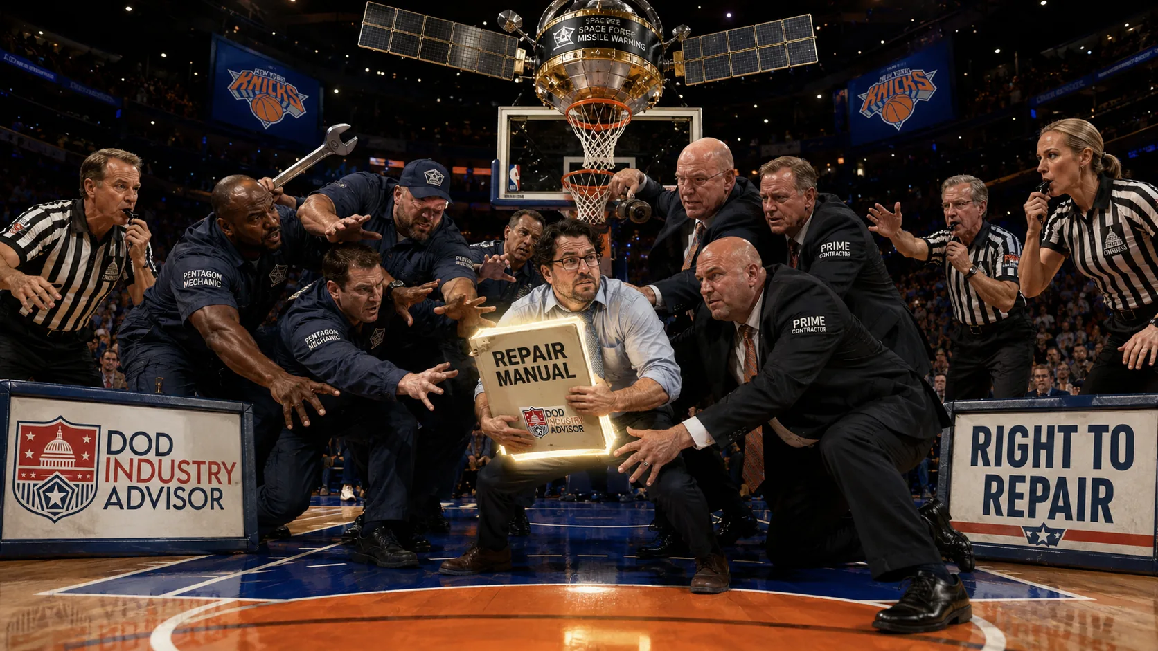 A small defense contractor guarding a repair manual under the basket while Pentagon mechanics and prime contractors wait for the rebound